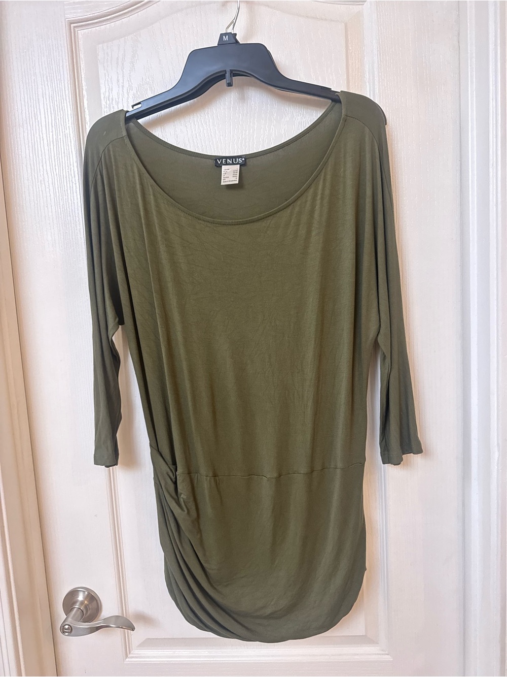 VENUS Olive Scoop Neck 3/4 Sleeve Tunic with Side Gather